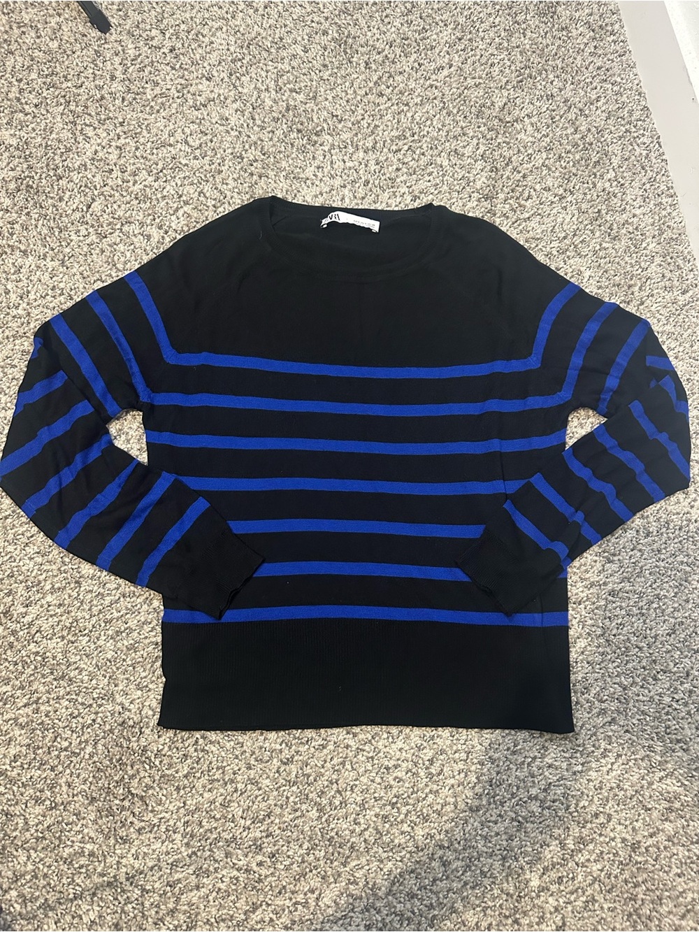 Zara Black and Royal Blue Striped Crewneck Sweater